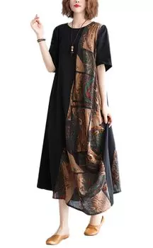 Длинное круглое льняное короткое платье, покрывающее ваше тело, летнее, большого размера [TAITENG] Платье, женское, свободное, летнее, платье, вырез, платье, рукав, свободного покроя, чёрный