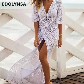 Длинное кружевное пляжное накидка, халат, пляжный купальник, накидка для женского купального костюма, туники для пляжа One Size белый