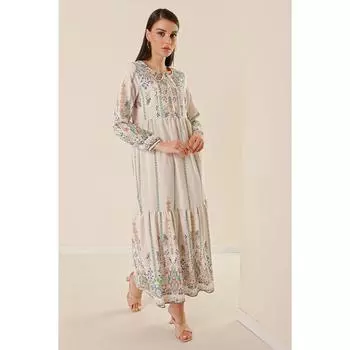 Длинное льняное платье с этническим рисунком