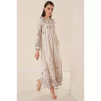 Длинное льняное платье с этническим рисунком