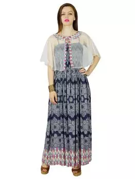 Длинное макси-платье из искусственного шелка Bimba с присборенным бюстом и накидкой-пончо из сетки 20W синий