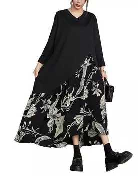 Длинное макси-платье с цветочным принтом и свободным силуэтом [TAITENG] Платье, рукав, узор, переключение, V-образный вырез, длина, часть, осень, свободный размер, платье, туника, чёрный