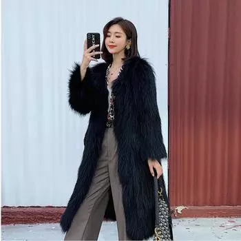 Длинное меховое пальто, модная теплая куртка из лисьего меха с длинными рукавами, круглый вырез, универсальный приталенный шерстяной свитер S серый