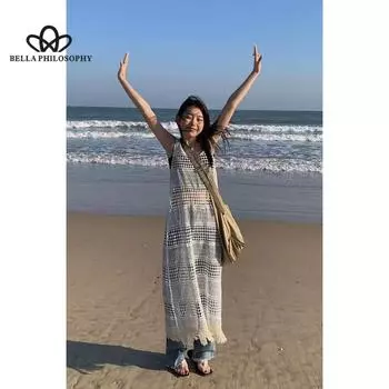 Длинное открытое платье с шерстяной бахромой и цветными блоками. Длинное платье. Пляжное платье для отдыха. onesize абрикосовый