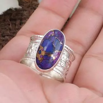 Длинное овальное кольцо с драгоценным камнем фиолетовой меди и бирюзы, кольцо из твердого серебра 925 пробы, ювелирные изделия ручной работы, эффектные ювелирные изделия 6