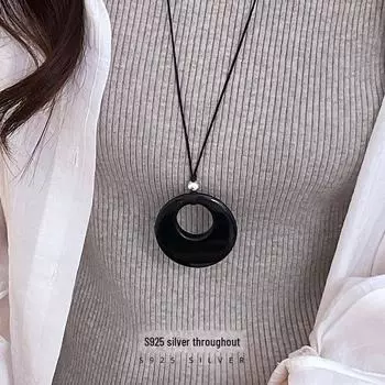 Длинное ожерелье-цепочка Banyan Tree S925 из серебра и обсидиана для женщин - высококачественный аксессуар на осень/зиму NS2964 чёрный