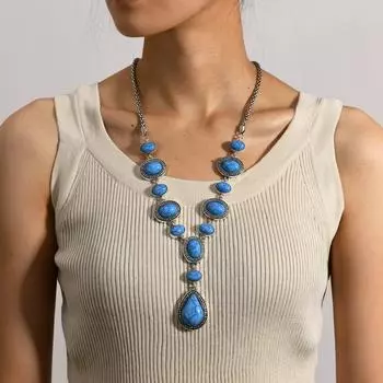 Длинное ожерелье из искусственной бирюзы в стиле ретро, этнический стиль, преувеличенный темперамент, цепочка для свитера, универсальное повседневное декоративное ожерелье для женщин красный