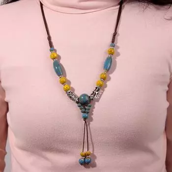 Длинное ожерелье из керамических бусин ручной работы в этническом стиле, красочное ожерелье-свитер из бисера, тканое ожерелье с драгоценными камнями 65cm синий