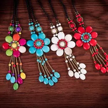 Длинное ожерелье из натурального камня в стиле бохо, женская ретро вощеная веревка, ручная работа, цепочка для свитера с цветком