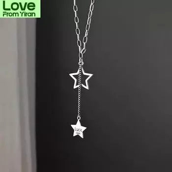 Длинное ожерелье из полого серебра 925 пробы с надписью «Звезда удачи», винтажное ожерелье из тайского серебра для женщин и мужчин, ювелирные изделия S -N595 50cm