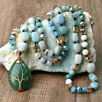 Длинное ожерелье с подвеской в стиле бохо для женщин – ручная работа, натуральный камень, бисер, эффектный подарок