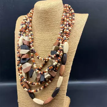 Длинное ожерелье в стиле ретро, этнический стиль, многослойная геометрия, пляжный пасторальный стиль, дерево, красочный 51cm