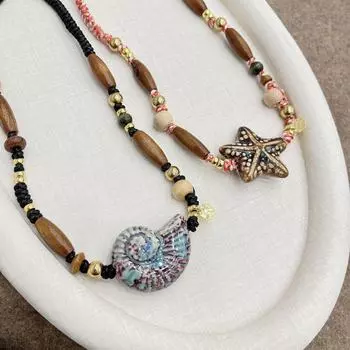 Длинное ожерелье в стиле ретро «ракушка» для женщин — высококачественная, уникальная китайская цепочка для свитера на осень/зиму Vintage Ceramic Star красный