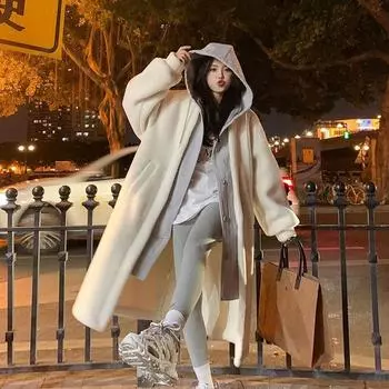 Длинное пальто из двух частей искусственной овечьей шерсти, женское зимнее новое модное пальто с капюшоном, с длинными рукавами, застегивающееся на пуговицы, однотонное пальто M белый