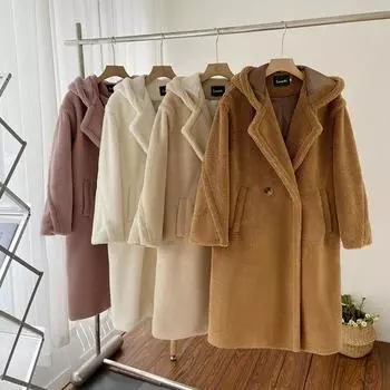 Длинное пальто из искусственного меха ягненка с капюшоном, женское зимнее плюшевое пальто, женская куртка из искусственного меха с капюшоном, женская элегантная пушистая куртка, модная верхняя одежда, белое пальто S темно-коричневого