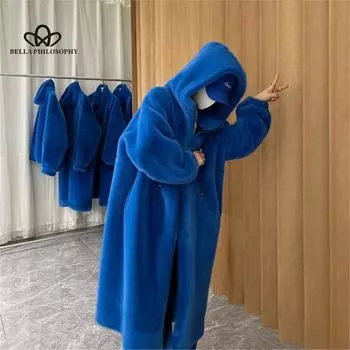 Длинное пальто из искусственного меха, женское зимнее длинное утепленное пальто с капюшоном, свободное пушистое пальто из искусственной норки, модное повседневное теплое пальто S синий