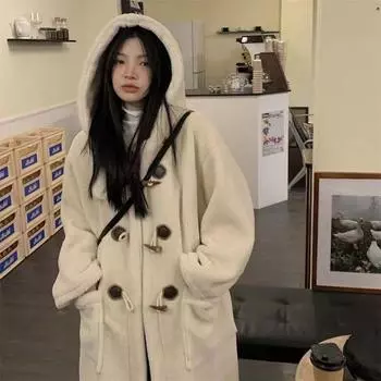 Длинное пальто из искусственной овечьей шерсти с угловой пряжкой, женское, осень-зима 2024 года, новое теплое и тонкое пальто с капюшоном в студенческом стиле S верблюд