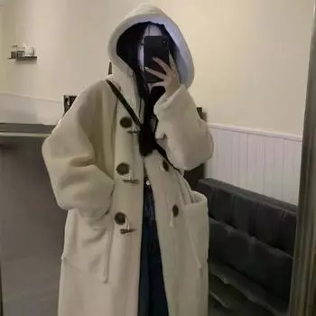 Длинное пальто из искусственной шерсти, женские толстовки с длинными рукавами и большими карманами, верхняя одежда, осень-зима 2023, утолщенные теплые свободные женские куртки S бежевый