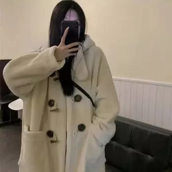 Длинное пальто из искусственной шерсти, женские толстовки с длинными рукавами и большими карманами, верхняя одежда, осень-зима 2023, утолщенные теплые свободные женские куртки M бежевый
