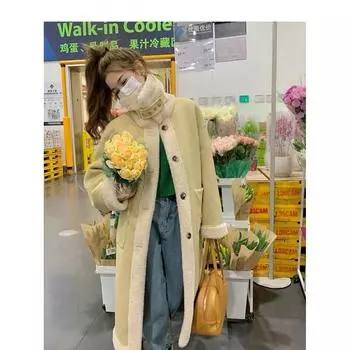 Длинное пальто из ягненка Майяра с плюшевым мехом, зимнее новое пальто из локомотива с интегрированным искусственным мехом для женщин S 80-110 абрикосовый