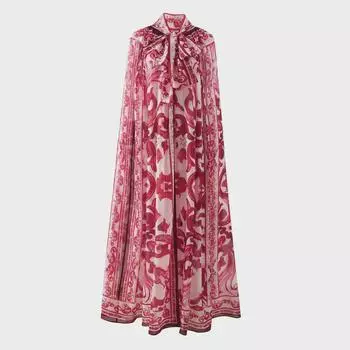 Длинное пальто-накидка с красно-синим фарфоровым принтом для женщин