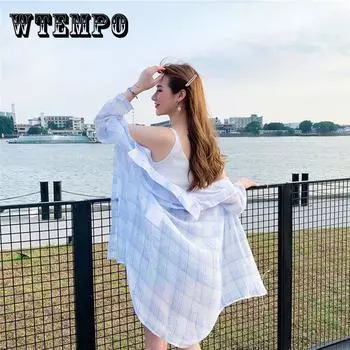 Длинное пальто выше колена, длинная солнцезащитная одежда, женская свободная шифоновая рубашка в клетку мм, защитная одежда от солнца, большая свободная одежда XXL