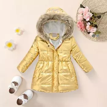 Длинное пальто Yousheng Kids, зимняя теплая парка, верхняя одежда, куртка с металлическим блеском и меховой отделкой на капюшоне, утолщенное лыжное пальто для мальчиков и девочек 110cm оранжевый