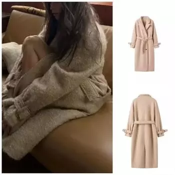 Длинное пальто женское из искусственной шерсти плюшевая куртка с поясом двубортное теплое ветрозащитное длинное рукава элегантное женское пальто-тренч S хаки