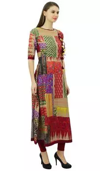 Длинное платье А-силуэта из хлопка с принтом Phagun, дизайнерское длинное платье Kurti, расклешенная туника Kurta 10 разноцветный