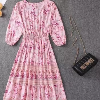 Длинное платье А-силуэта в стиле бохо, женское платье с высокой талией S розовый