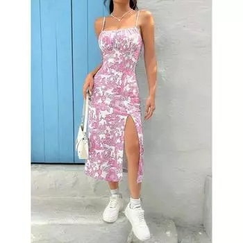 Длинное платье без бретелек с запахом на груди, с высоким разрезом, с принтом леопарда и запахом, юбка макси-платье S розовый