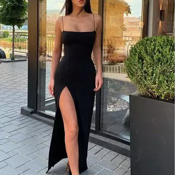 Длинное платье без рукавов, осень-зима, женская модная вечеринка, элегантная одежда, облегающая черная чистая одежда L чёрный