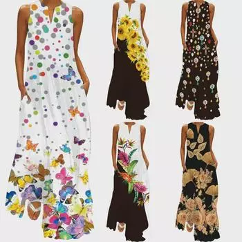 Длинное платье без рукавов с V-образным вырезом и принтом бабочек 2024 года для женщин S