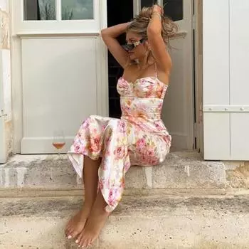 Длинное платье без рукавов в стиле подтяжек с цветочным принтом и открытой спиной, вечернее платье с запахом бедра S розовый