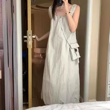 Длинное платье без рукавов, женская свободная юбка-шорты с небольшой сумкой, платье с открытой спиной, весна-лето F чёрный