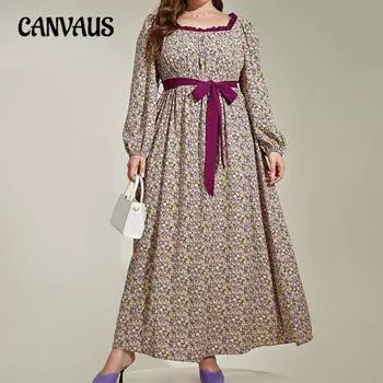 Длинное платье больших размеров для женщин на весну и осень с цветочным принтом и квадратным вырезом 0XL фиолетовый