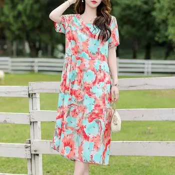 Длинное платье больших размеров с винтажным принтом, женские свободные повседневные платья с короткими рукавами, элегантная женская одежда среднего возраста XL