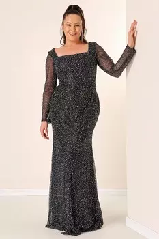 Длинное платье больших размеров с квадратным вырезом на подкладке и ограненными камнями