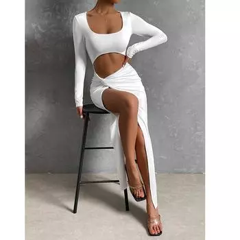 Длинное платье для осени и зимы, сексуальное, облегающее, с разрезом на бедрах, U-образным вырезом, длинными рукавами и вырезом на шее XS чёрный