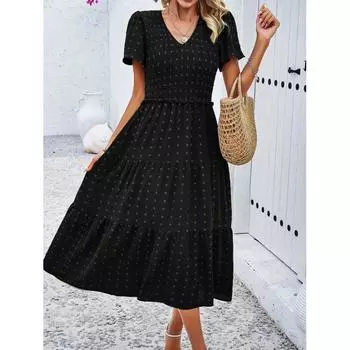 Длинное платье для женщин, летнее однотонное повседневное пляжное платье макси с коротким рукавом и v-образным вырезом, элегантные женские платья, офисные праздники S чёрный