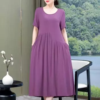 Длинное платье для женщин, свободные однотонные повседневные летние женские платья с коротким рукавом