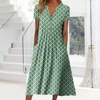 Длинное платье-футболка А-силуэта для женщин с застежкой на пуговицы и V-образным вырезом с коротким рукавом L