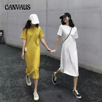 Длинное платье-футболка Летние женские платья больших размеров Свободные модные платья средней длины с короткими рукавами Прямые платья M белый