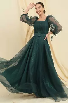 Длинное платье из блестящей ткани георгин с рукавами-воздушными шарами и поясом на подкладке на талии