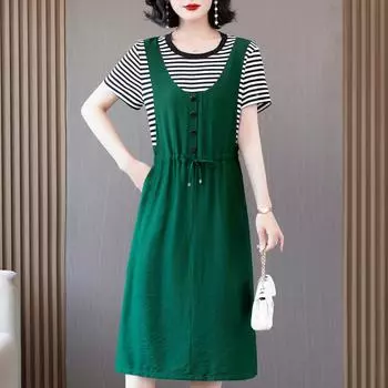 Длинное платье из двух частей, женское летнее повседневное женское платье с коротким рукавом, летняя винтажная одежда в корейском стиле XL