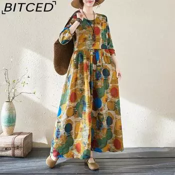 Длинное платье из хлопка и льна с принтом в стиле ретро в горошек. Женские весенне-летние свободные литературные темпераментные льняные платья с тонким круглым вырезом и длинными рукавами. L разноцветный