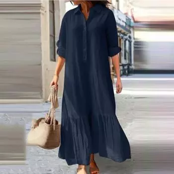 Длинное платье из хлопка и льна с нестандартным воротником, повседневные платья с закрученными пуговицами S хаки