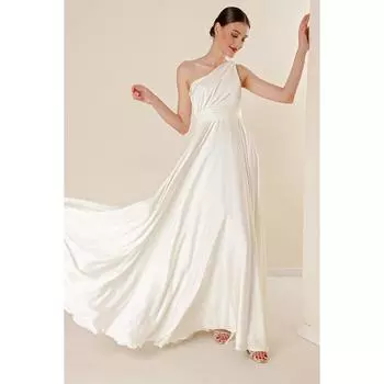 Длинное платье из креп-атласа с драпировкой и подкладкой на одно плечо с широкими плечами