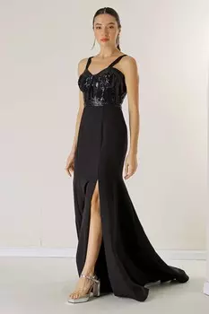 Длинное платье из крепа с веревочными бретелями и подкладкой из пайеток сверху