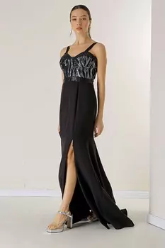 Длинное платье из крепа с веревочными бретелями и подкладкой из пайеток сверху